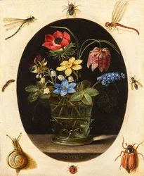 Stilleben med blomster omgivet af insekter og en snegl