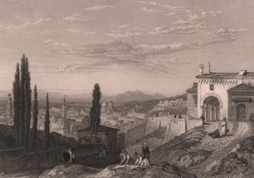 Panoramaudsigt over byen Verona fra kirken San Zeno i Monte, Veneto, Italien, stålgravering af S Fisher efter tegning af Clarkson Stanfield (1793-1867), ca. 14x12 cm