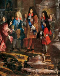 Ludvig XIV modtager underkastelse, Doge af Genova i maj 1685, detalje af maleri af Claude-Guy Halle (1652-1736), Frankrig