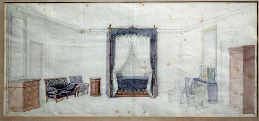 Soveværelse (med kommode, canape, lænestol og himmelseng). Akvarel af Claude Aime Chenavard (1798-1838)