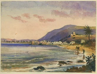 Haifa med Carmel Ridge bagved (wc og blyant på papir)