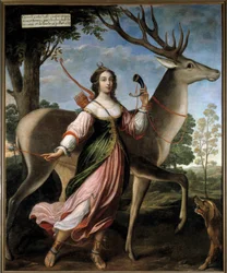Portræt af Marie de Rohan-Montbazon, hertuginde af Luynes og derefter Chevreuse (1600-1679). Den unge kvinde er fremstillet som jagtgudinden Diana med en hjort. Maleri tilskrevet Claude Deruet (1588-1662), 1627. H. 2,4 x 1,95 m