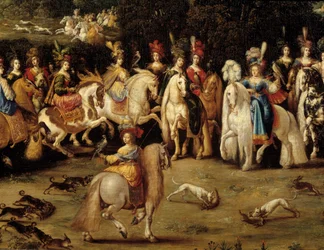 De fire elementer. Luftdetalje: Ecuyere jagtfalk. Maleri af Claude Deruet (1588-1662)