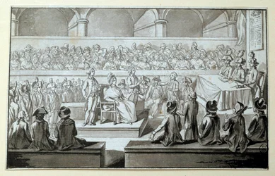 Dronning af Frankrig Marie Antoinette for Revolutionsdomstolen: dage af 14,15,16/10/1793 Advokaten, der forsvarede sig i hans sag, er Claude Francois Chauveau-Lagarde (1756-1841). Tegning med sort blæk Dim. 0,097x0,15 m. Paris, Louvre-museet