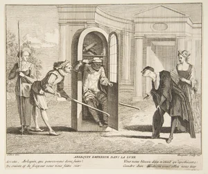 Harlekin, kejser på månen.n.d. Skaber: Claude Gillot, Jacques Gabriel Huquier.