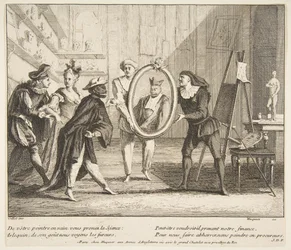 Pierrot og Scaramouche viser portrættet af Harlequin.n.d. Skaber: Claude Gillot, Jacques Gabriel Huquier.