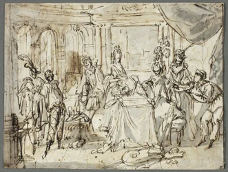 Skuespillerne gør klar (recto); Studier af den hellige familie og Johannes Døberen (verso)