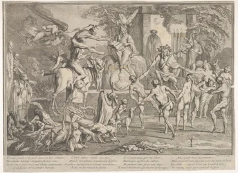 Heksesabbat i et natligt landskab, en nekromant siddende øverst i midten, ca. 1700-1720