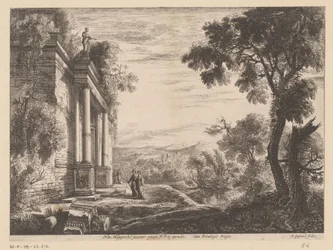 Landskab med figurer foran en gammel ruin