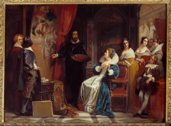 Dronning af Frankrig Marie de Medicis (1573-1642) besøger maleren Pierre Paul (Pierre-Paul) Rubens (eller Peter Paul eller Petrus Paulus) værksted (1577-1640). Maleri af Claudius Jacquand (1804-1878)