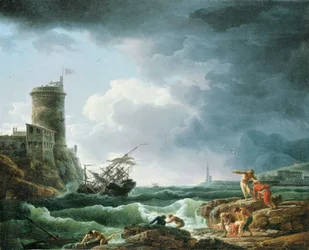 En storm med skibbrud ved en fæstning, et skibbrud i forgrunden, 1769