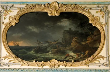 De fire dele af dagen: Syd- eller Tempete-skibene under et skibsforlis i et tørt hav. Maleri af Joseph Vernet (1714-1789) 1762. Dim. 0,85x1,35 m.