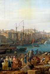 Havnen i Marseille i det 18. århundrede. Detalje med aflæsning af varer. Maleri af Joseph Vernet (1714-1789)
