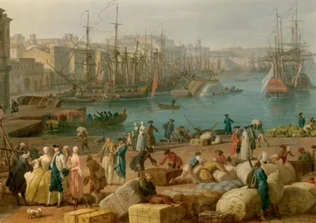 Marseilles havn i det 18. århundrede Detalje, der repræsenterer losning af varer. Maleri af Joseph Vernet (1714-1789) Paris fra det 18. århundrede. Marine Museum