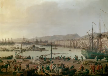 Udsigt over havnen i Toulon Detail, den gamle havn, udsigt fra butikkernes kyst. Maleri af Joseph Vernet (1714-1789) 1756. Paris, Musee de la Marine - Udsigt over havnen i Toulon. Detalje. Maleri af Joseph Vernet (1714-1789), olie på lærred