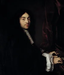 Detalje af "" Portræt af organisten Charles Couperin (1638-1679) med malerens datter"" Maleri af Claude Lefebvre (1632-1675) 1600-tallet søn. 1,27x0,96 m
