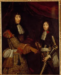 Portræt af Louis II Prins af Bourbon (Bourbon-Conde) (1621-1686) kendt som Grand Conde og hans søn Henri Jules hertug af Enghien (1643 - 1709). Maleri af Claude Lefebvre (1632-1675)