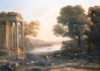 Et pastoralt landskab med ødelagt tempel, ca. 1638