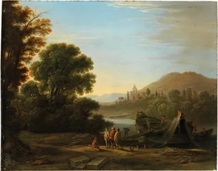 Fransk: Paysage avec personnages chargeant du bois sur un bateau Landskab med figurer, der læsser tømmer på en båd