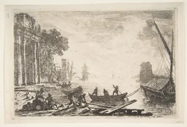 Havnescene med opgående sol, 1634.