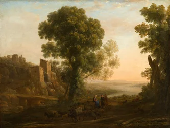 Landskab med bønder, der vender hjem med deres hjorde, ca. 1637