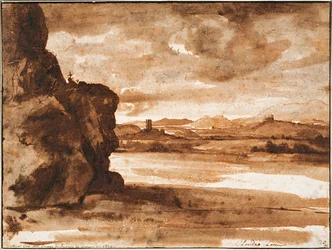 Tiberlandskab nord for Rom med mørk skyet himmel, mellem 1630 og 1640