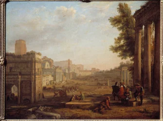 Udsigt over Campo Vaccino i Rom Forum Romanum omkring 1630 - Maleri af Claude Gellee kaldet Lorrain (1600-1682) 1600-tallet Søn 0,56x0,72 m Paris, Musee du Louvre