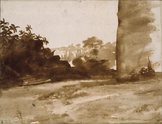 Udsigt over buskads med en mur til højre, c1640
