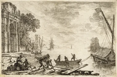 Havnescene med opgående sol, 1634
