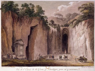 Udsigt over Pausilippes grotte (Posillipo) (eller "Grotta Vecchia"), nær Napoli. tegning af Chatelet.