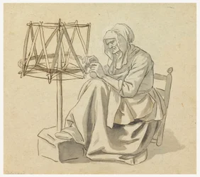 Tegning, En gammel kvinde, der spinder, 1810-30