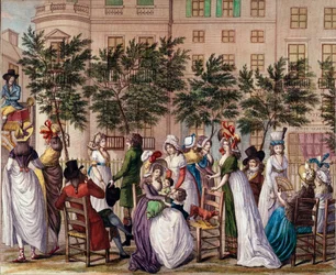 Mode under bestyrelsen: "Le petit Coblenz", promenaden Boulevard des Italiens i Paris. Litografi af Claude Louis Desrais (1746-1816) 1798. Paris, Musee Carnavalet