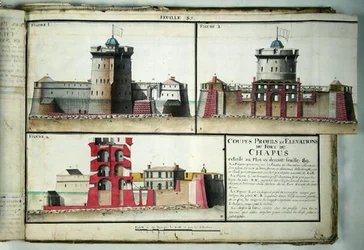 Atlas 131 F fol.85 Tværsnit og forhøjninger af Chapus Fort, fra Traite de Fortifications, ca. 1720