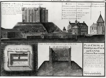 Fol.106 Tværsnits- og profiltegning af Tour de Ganne ved Tonnay Boutonne, fra Recueil des Plans de Saintonge (pen & blæk og wc på papir)