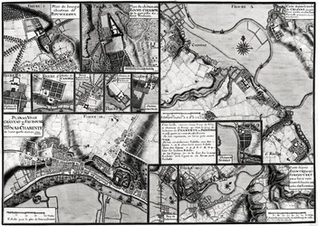 Fol.7 & 98 Kort over byerne og slottene langs Charente-floden i 1714, fra Recueil des Plans de Saintonge (pen & blæk og wc på papir)