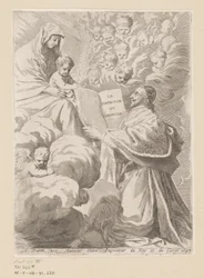 Armand-Jean du Plessis, hertugen af ​​Richelieu, præsenterer en bog til Maria med barn Titelside for: Armand-Jean du Plessis hertug af Richelieu, Traité de la perfection du chrétien