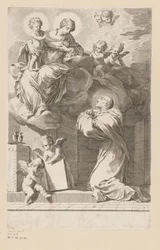 H. Bernard knæler foran en åbenbaring af Jomfru og Barn Titelside for: Sankt Bernardus, Divi Bernardi Abbatis (...), 1640