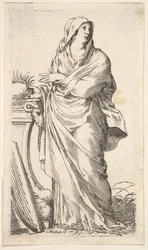 Klædt kvinde stående ved siden af en sokkel, hendes højre hånd bærer en palmegren, en harpe r..., ca. 1620-88.