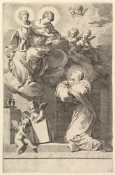 Sankt Bernard knæler foran jomfruen og barnet, 1640.