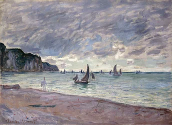 Fiskerbåde foran stranden og klipperne i Pourville, 1882