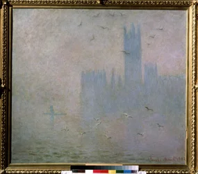 ""Måger, Themsen, Londons parlament"" (Måger. Themsen i London. The Houses of Parliament) Maleri af Claude Monet (1840-1926). 1903-1904 impressionisme. Størrelse 81 x 92 cm Moskva. Pushkin Museum of Fine Arts