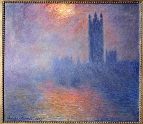 Houses of Parliament, London, med solen, der bryder gennem tågen
