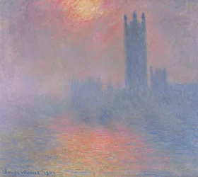 Parlamentsbygningerne i London med solen, der bryder gennem tågen, 1904