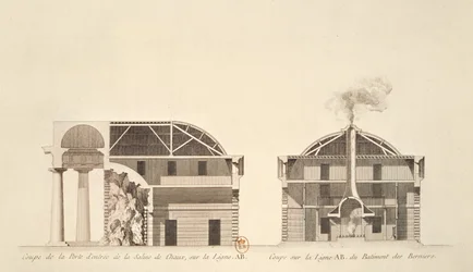 Tværsnit af indgangen til saltværkerne i idealbyen Chaux, ca. 1801