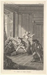 En mand krøllet sammen i en stol ser mod en anden mand, der nærmer sig ham fra venstre i..., ca. 1784.