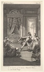 En mand læner sig mod en kvinde, der står i en døråbning til højre, til venstre en siddende kvinde rejser..., ca. 1784.
