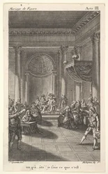 En mand, der sidder i en stol på et trappetrin, holder et publikum, to pegende mænd står..., ca. 1784.