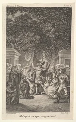 En ung dreng holder en fakkel under træer i en have, i midten løfter en mand begge arme, s..., ca. 1784.