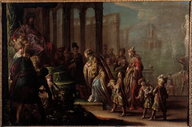 Salomon og dronningen af Saba siger også "" Esther før Assuerus 1er (Xerxes 1er)"" Maleri af Claude Vignon (1593-1670) 1600-tallets søn. 0,8x1,19 m Paris, msuee du Louvre