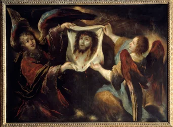 To engle præsenterer Kristi hellige ansigts hoved fra ansigtet, kronet med torne og aureolee, på Sankt Veronicas linned, der tørrede Jesu ansigt (Hellig ligklæde). Maleri af Claude Vignon (1593-1670) 1640 søn. 1,24x1,7 m Rouen, musee des Beaux